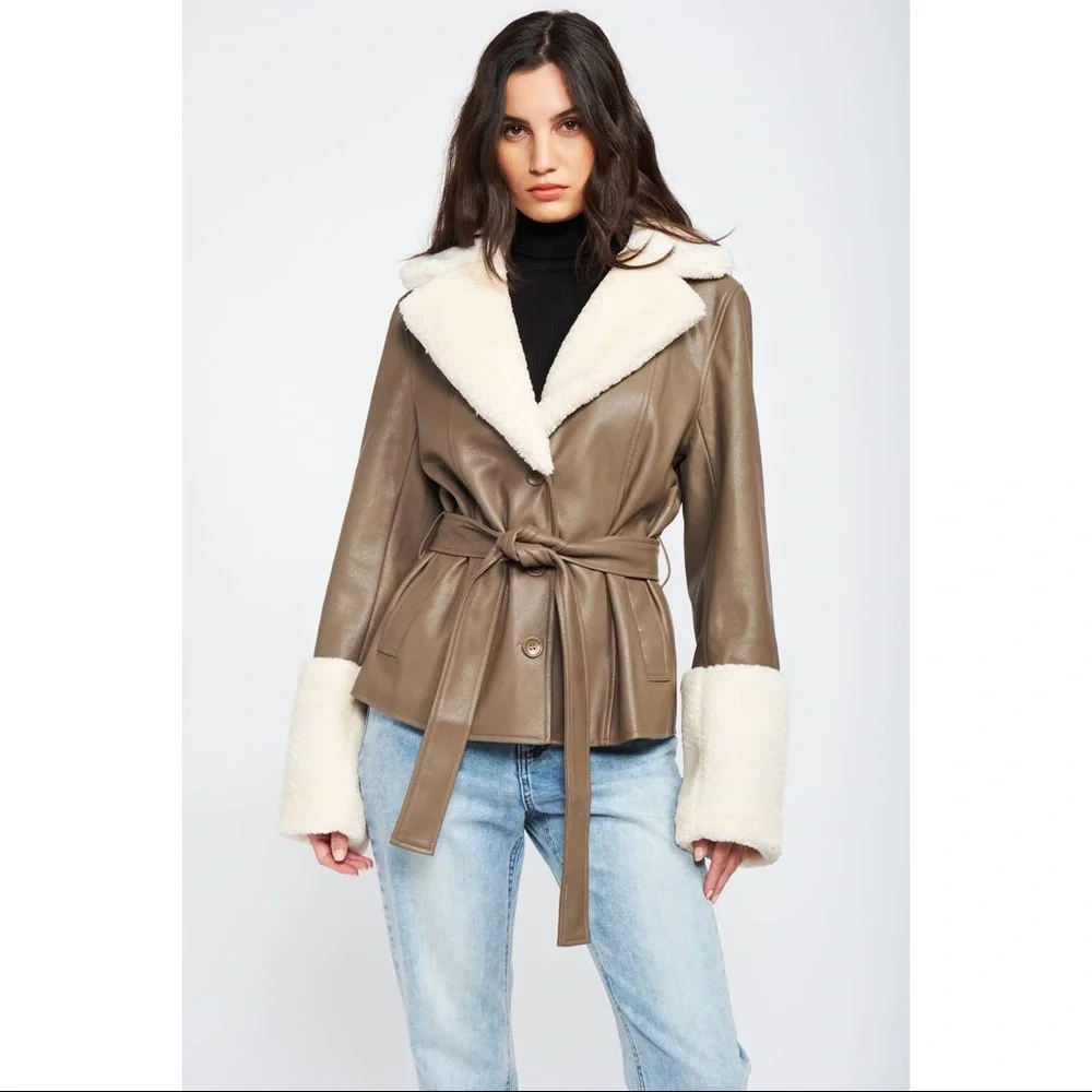 PRICE DROP Belted Faux Shearling Trimmed Taupe Leather Jacket - Picture 5 of 10